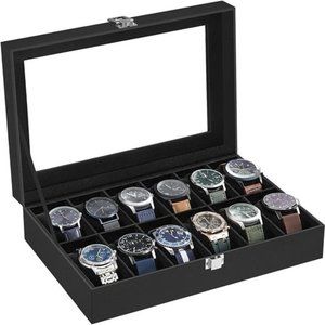 Watch Box 12-Slot Watch Case w Large Glass Lid Removable Watch Pillows Organizer